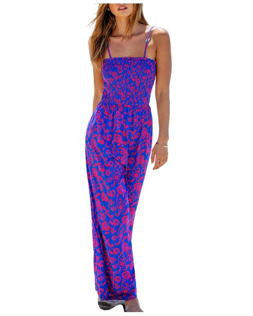 CUPSHE Purple Floral Square Neck Smocked Bodice Straight Leg Jumpsuit