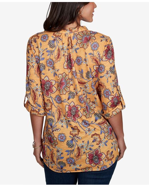 Ruby Rd Orange Petite Vines Henley 3/4-sleeve Button-front Top