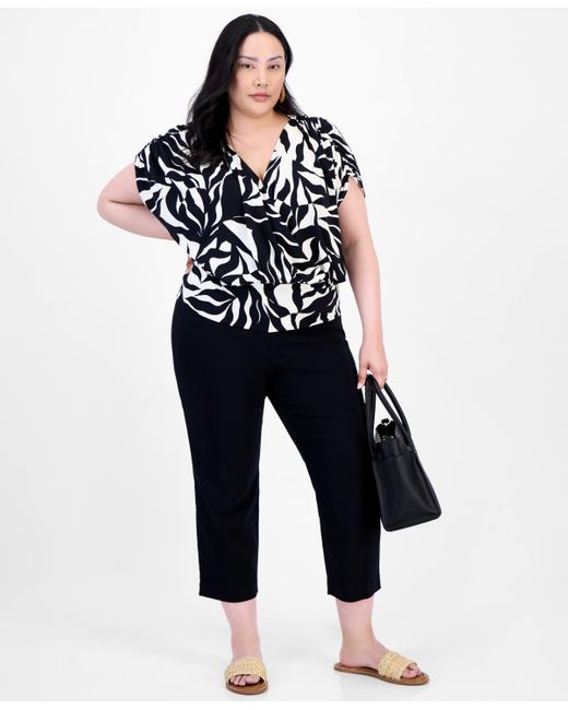 INC International Concepts Black Plus Size Printed Surplice Short-sleeve Top