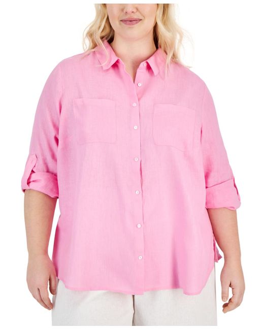 Charter Club Pink Plus Size 100% Linen Roll-tab Shirt