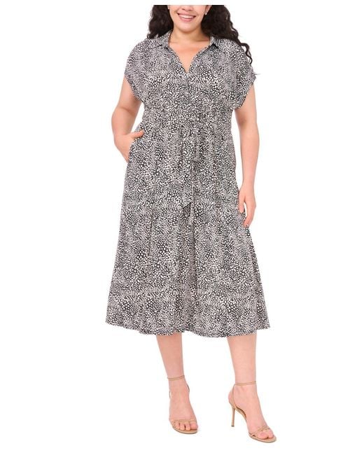 Msk Women's Gray Plus Size Short-sleeve Printed Midi Shirtdress