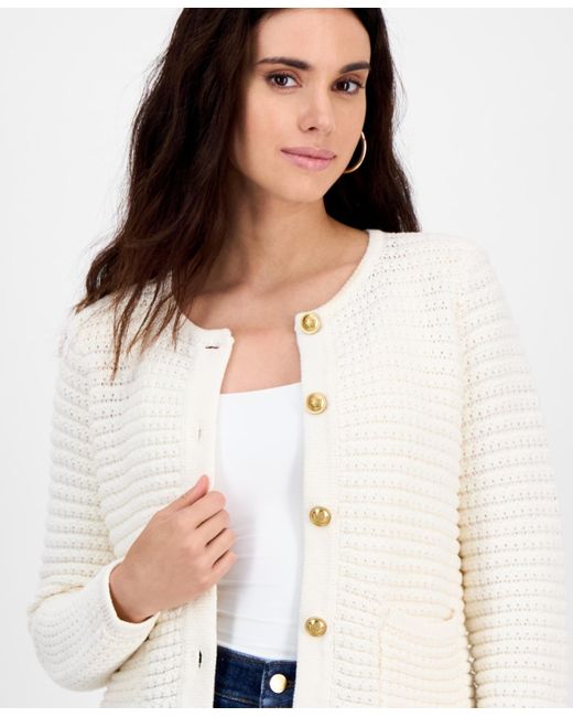 INC International Concepts White Petite Yarn-blend Button-down Cardigan Sweater