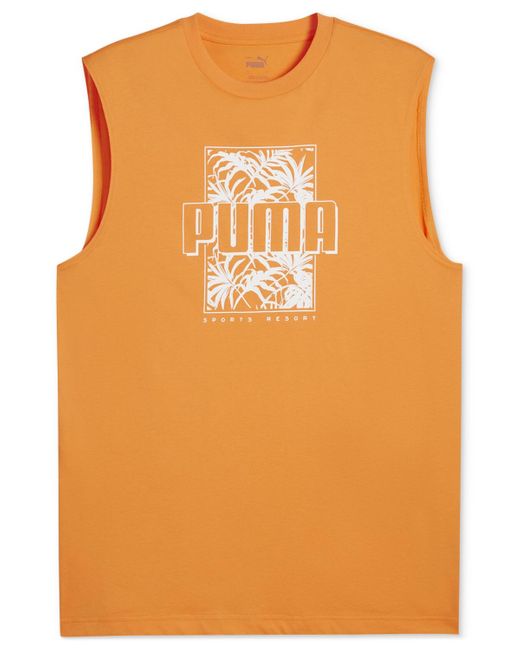 PUMA Orange Ess+ Palm Resort Logo Graphic Sleeveless T-shirt for men