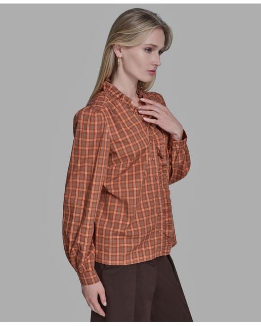 BCBGMAXAZRIA Brown Plaid Button Placket V-neck Top