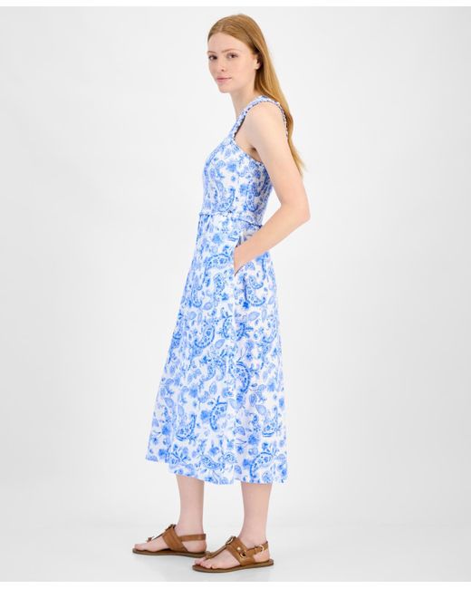 Tommy Hilfiger Blue Cotton Paisley-print Smocked-back Midi Dress