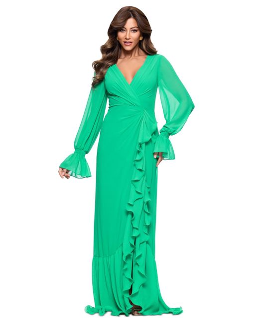 Xscape Green V-neck Ruffle-trim Slit-front Chiffon Gown