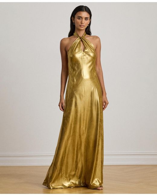 Ralph Lauren Halter Neck Maxi Dress in Metallic | Lyst