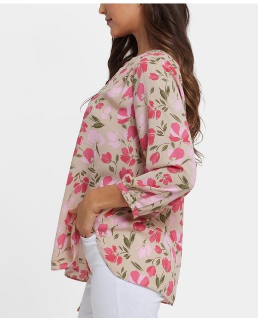 NYDJ Red Pintuck Split Round Neck Top