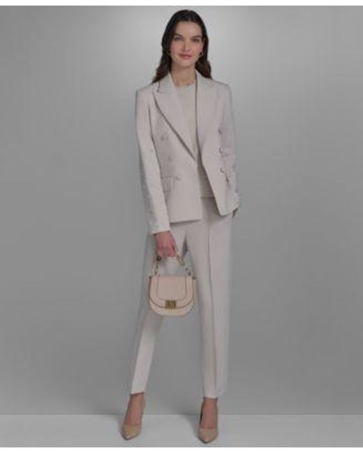 Karl Lagerfeld Gray Open Front Pearl Embellished Jacket Slim Fit Pull On Pants Embellished Neck Sleeveless Knit Top