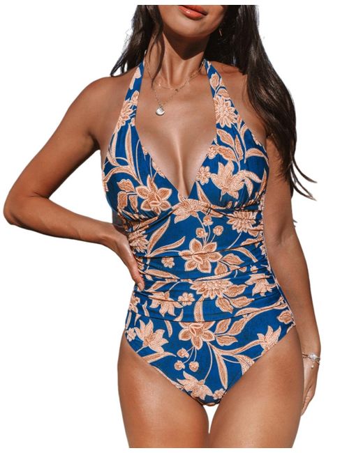 CUPSHE Blue Boho Halter Ruched Tummy Control One-piece