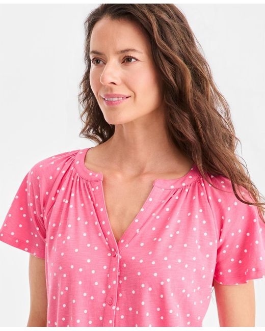 Style & Co. Pink Printed Split-neck Button-front Top