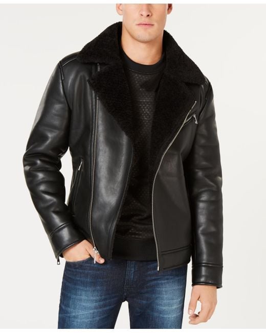 Guess Black Asymmetrical Faux Leather Moto Jacket for men