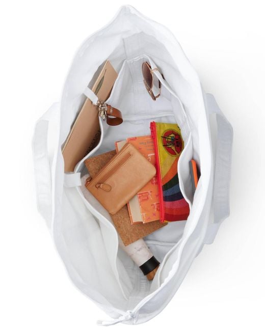Lands' End White Large Solid Color 5 Pocket Zip Top Long Handle Canvas Tote Bag