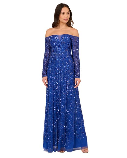 Adrianna Papell Blue Beaded Off-the-shoulder Ball Gown