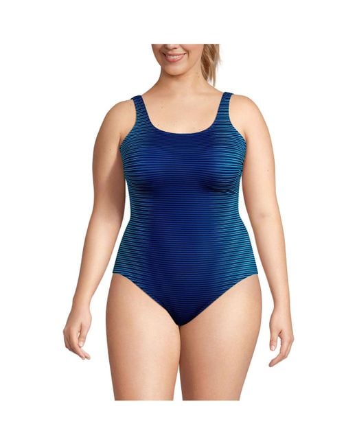 Lands' End Blue Plus Size Chlorine Resistant High Leg Soft Cup Tugless Sporty One Piece Swimsuit