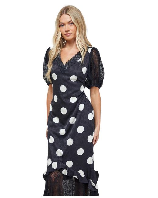 Oasis Blue Frill Detail Puff Sleeve Midi Dress