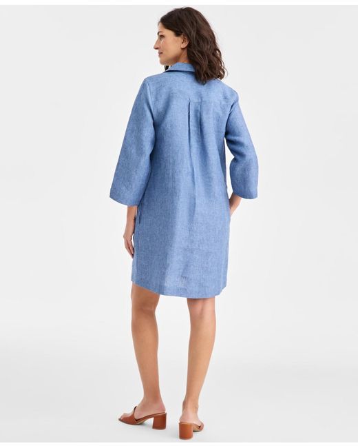 Charter Club Blue 100% Linen Lace-up 3/4-sleeve Utility Dress