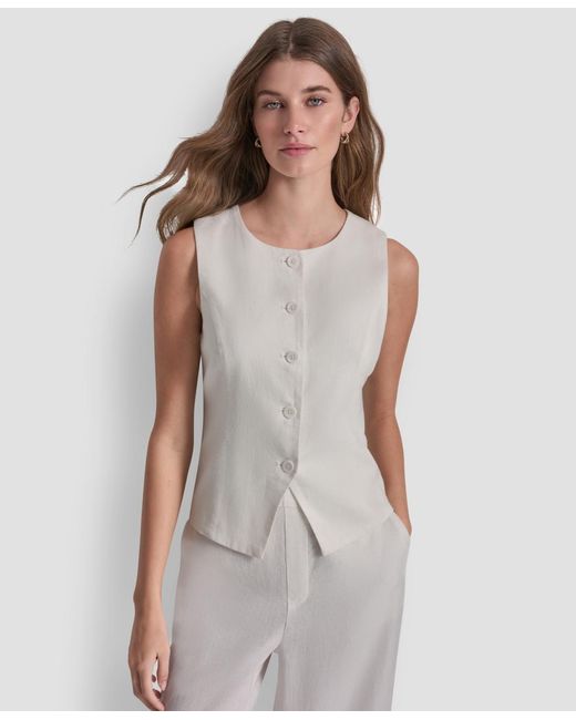 DKNY White Crewneck Button-front Vest
