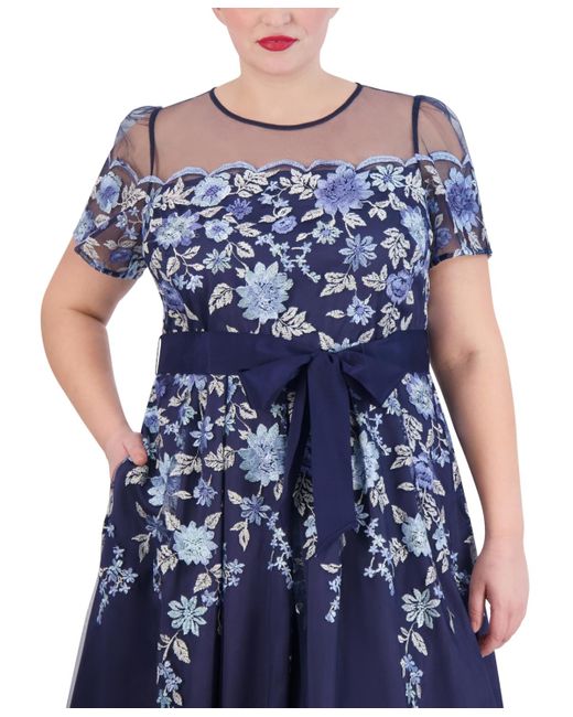Eliza J Blue Plus Size Embroidered Mesh Dress