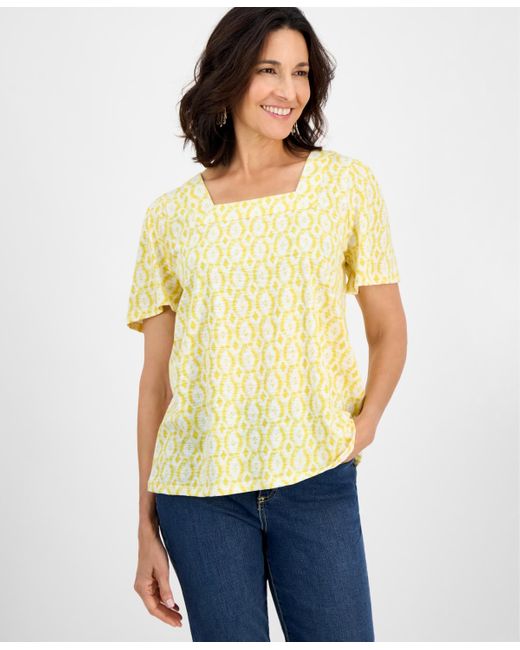 Style & Co. Natural Printed Square-neck Flutter-sleeve Top