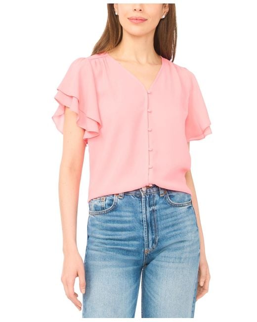 Cece Red V-neck Double Flutter Sleeves Top