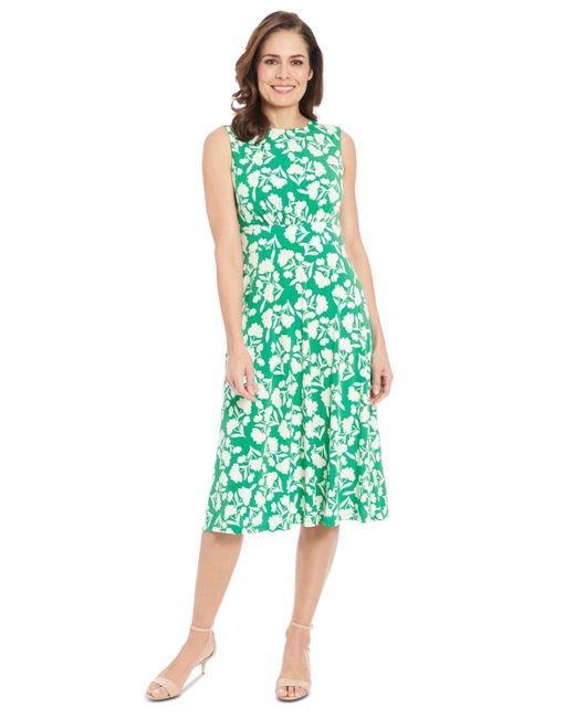 London Times Green Petite Floral-print Jewel-neck Midi Dress