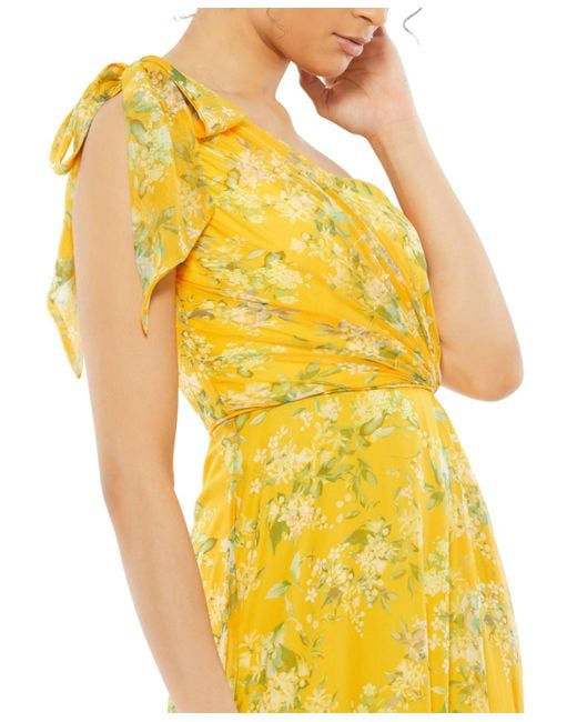 Mac Duggal Yellow Ieena Floral One Shoulder Bow Maxi Dress