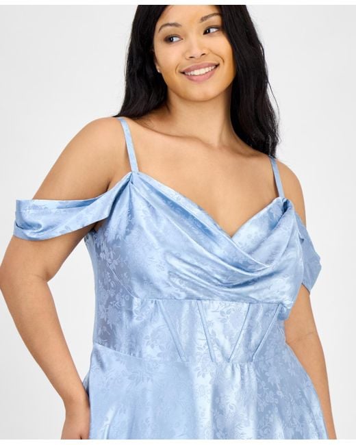 B Darlin Blue Trendy Plus Size Off-the-shoulder Satin Jacquard Gown