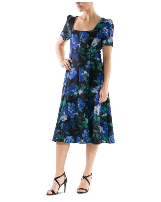 Donna Ricco Women's Blue Donna Rico Printed Square-neck Midi Dress Donna Ricco Women's Blue Donna Rico Printed Square-neck Midi Dress