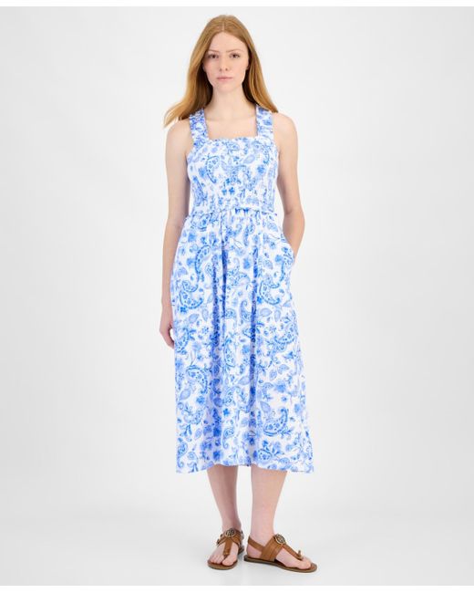 Tommy Hilfiger Blue Cotton Paisley-print Smocked-back Midi Dress
