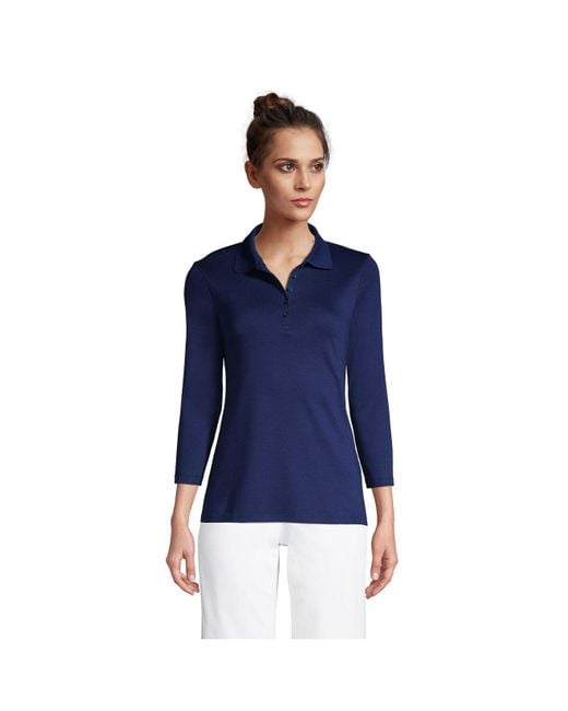 Lands' End Supima Cotton Three Quarters Sleeve Polo Shirt in Blue Lyst