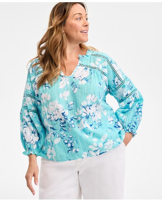 Style & Co. Blue Plus Size Printed Split-neck Top