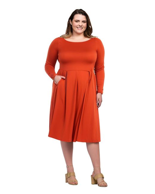 24seven Comfort Apparel Red Plus Size Long Sleeve Fit And Flare Midi Dress