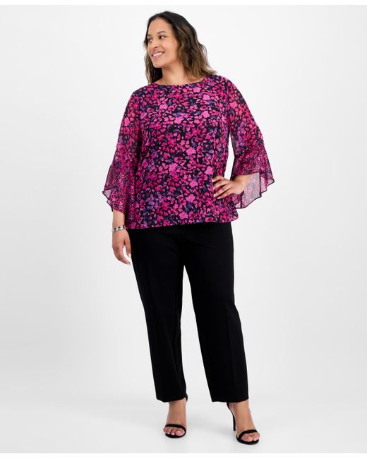 Kasper Purple Plus Size Bell-sleeve Ditsy-print Top