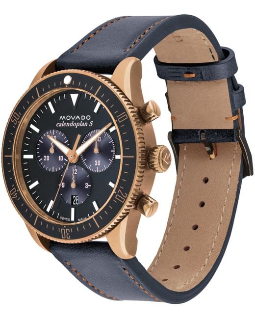 Movado Black Calendoplan S Swiss Quartz Chronograph Leather Strap Watch 42mm for men
