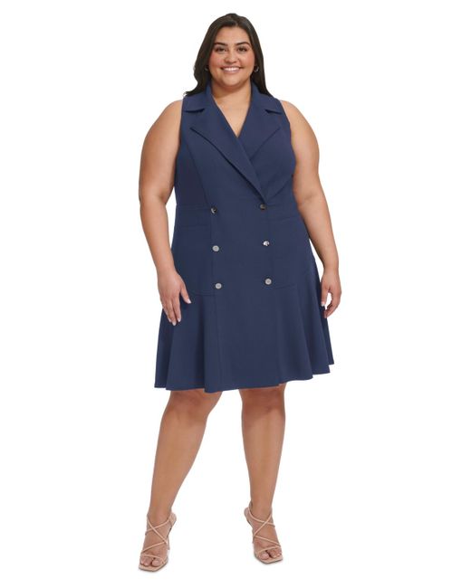 DKNY Blue Plus Size Sleeveless Fit & Flare Blazer Dress