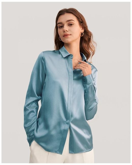 LILYSILK Blue Basic Concealed Placket Silk Shirt