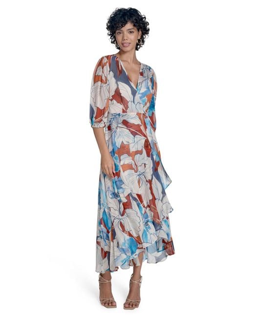 Calvin Klein Women's Blue 3/4-sleeve Chiffon Wrap A-line Dress