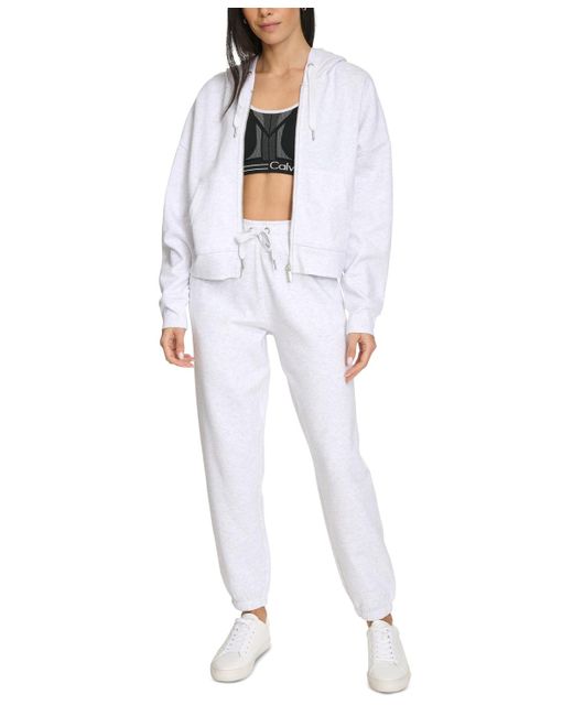 Calvin Klein White Fleece Crop Zip-front Long-sleeve Hoodie