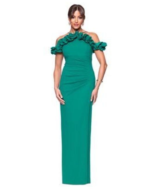 Xscape Green Halter Strap Ruffled Gown