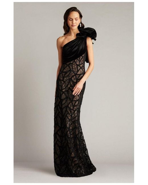 Tadashi Shoji Black Caraway One Shoulder Leaf Motif Gown