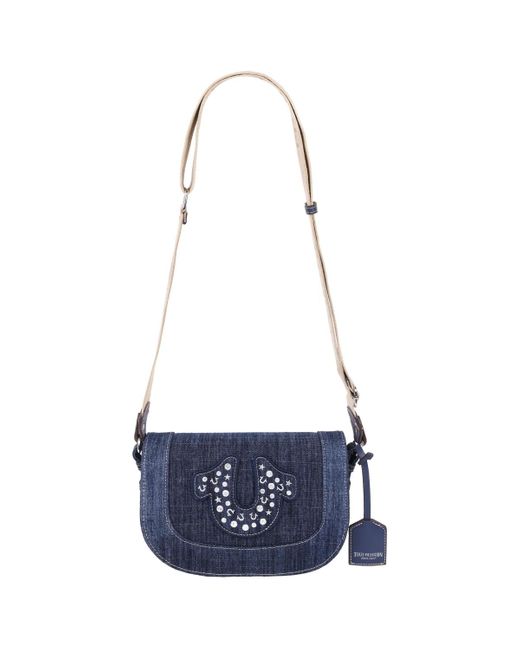 True Religion Blue Studded Horseshoe Denim Flap Bag