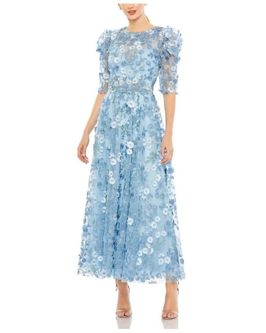 Mac Duggal Blue Applique High Neck Puff Sleeve A Line Dress