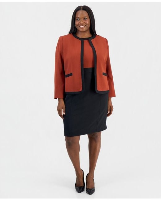 Kasper Red Plus Size Colorblock Open-front Collarless Jacket
