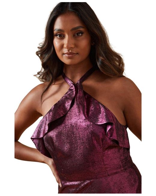 Oasis Red Foil Halterneck Ruffle Foil Midaxi Dress