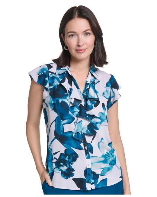 Calvin Klein Blue Ruffle Front Collared Blouse