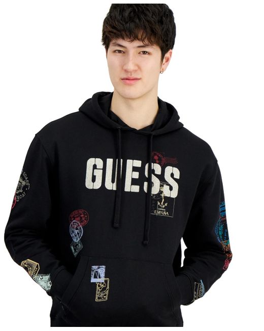 Guess Black World Stamp Printed Pullover Logo Hoodie for men