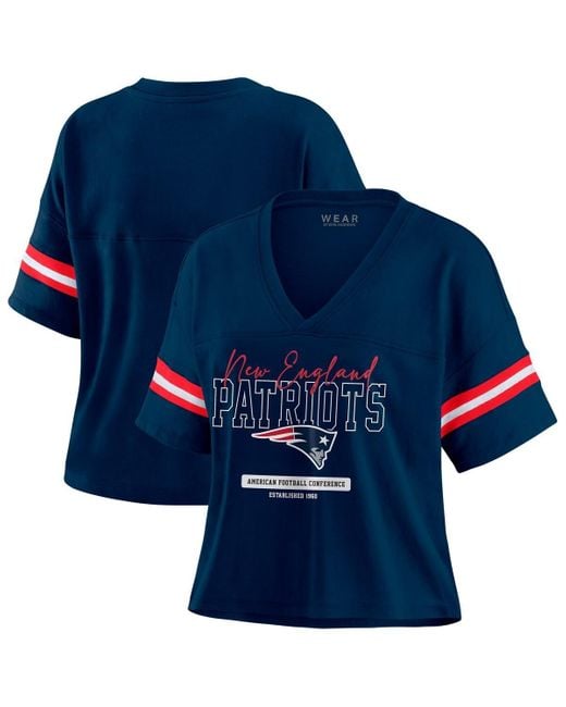 WEAR by Erin Andrews Blue New England Patriots Color Block Boxy Modest Crop V-neck T-shirt
