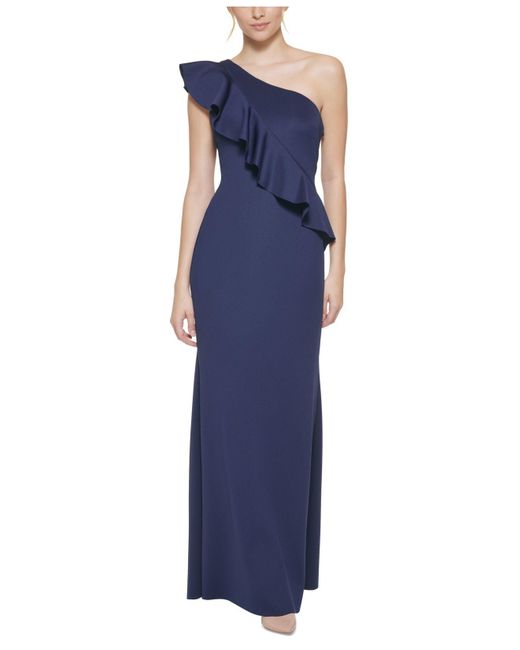 Jessica Howard Synthetic Oneshoulder Scuba Ruffled Gown in Navy (Blue