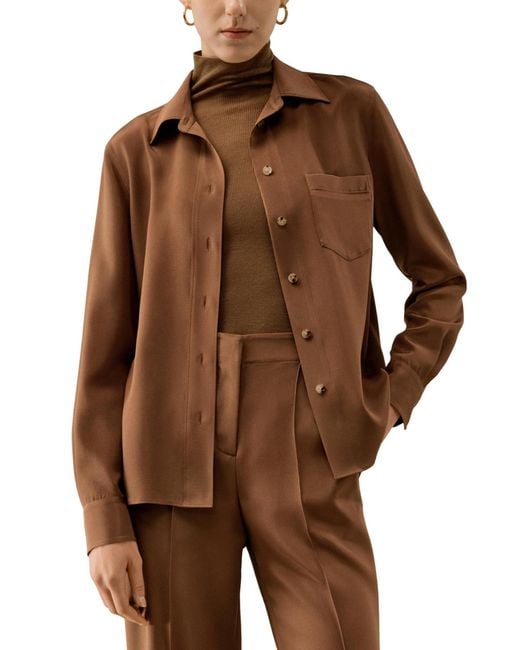 LILYSILK Brown Basic Silk Spread Collar Shirt